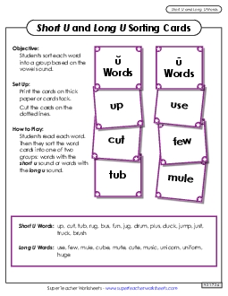 Word Card Sort: Long U, Short U Phonics Vowels Worksheet