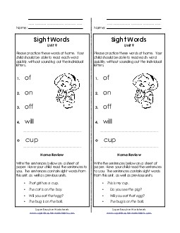 Take-Home List (Unit 9)  Sight Words Worksheet