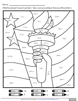 Statue of Liberty Mystery Picture: Addition Holiday Worksheet