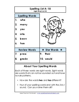 Spelling List A-18 Spelling A Worksheet