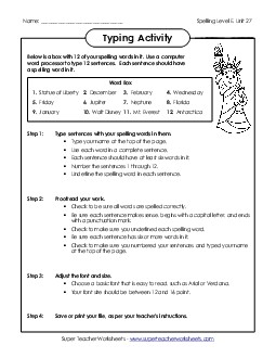 Typing Sentences (E-27) Spelling E Worksheet