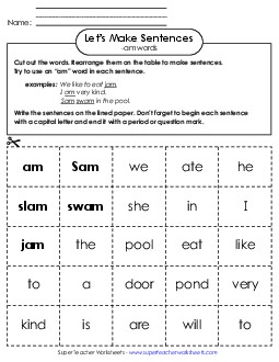 Make Sentences: Word Cards (-am) Word Families Worksheet