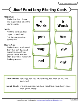 Word Card Sort: Long E, Short E Phonics Vowels Worksheet