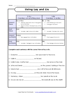 Lay and Lie Actionverbs Worksheet