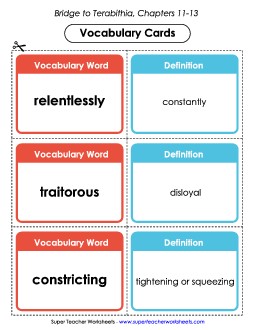 Vocab. Cards for Chapters 11-13 Book Bridge To Terabithia Worksheet