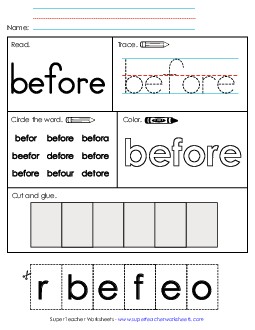 Worksheet 2: Before Free Sight Words Individual Worksheet