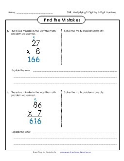 Find the Errors: 2-Digit by 1-Digit Numbers Multiplication Worksheet