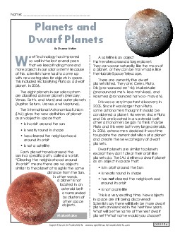 Planets and Dwarf Planets 5th Grade Reading Comprehension 5th Grade Science Worksheet