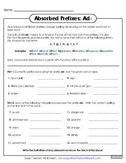 Absorbed Prefixes (Ad-) Free 6th Grade ELA Worksheet