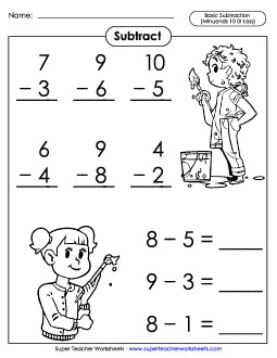 Basic Subtraction Facts: Painting (Minuends 10 or Less) Worksheet