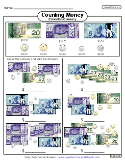 Counting Mixed Coins and Bills #2 Money Canadian Worksheet