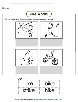 Cut and Glue (-ike) Word Families Worksheet