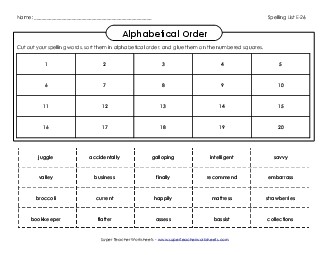 ABC Order Cut-and-Glue (E-26) Spelling E Worksheet