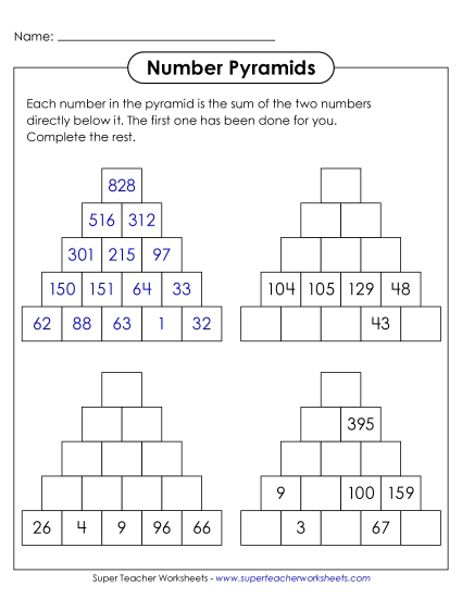 New Number Pyramids: 5 Rows, Top Number Unknown Worksheet New Number Pyramids: 5 Rows, Top Number Unknown Worksheet