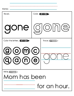 Worksheet 1: Gone Sight Words Individual Worksheet