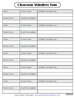 Classroom Volunteer Form Teachingtools Worksheet