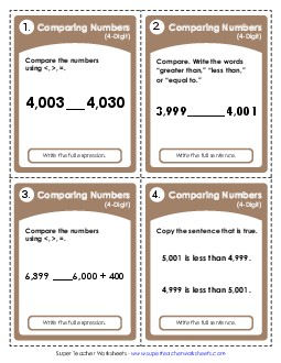 Task Cards: Comparing 4-Digits Place Value Worksheet