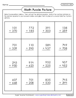 Addition Puzzle Picture: Valentine\'s Day (3-Digit Plus 3-Digit) Worksheet