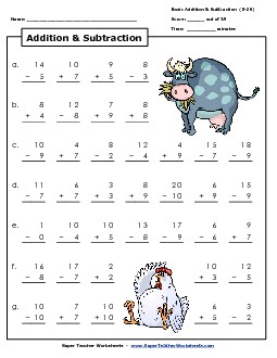 Addition and Subtraction Facts: 0-20 Worksheet