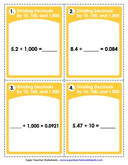 Task Cards: Dividing Decimals by 10, 100, and 1,000 Worksheet