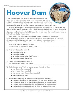 Hoover Dam (Short Passage) Reading Comprehension Reading Comp Short Worksheet