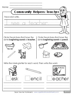 Mixed Literacy Skills: Teacher Community Helpers Worksheet