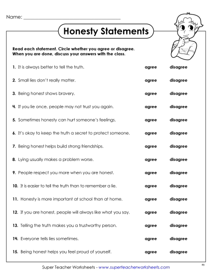 New Honesty Statements: Agree or Disagree Worksheet New Honesty Statements: Agree or Disagree Worksheet