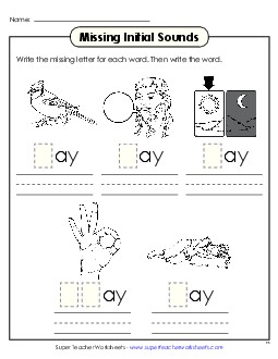 Missing Initial Sounds (-ay) Word Families Worksheet