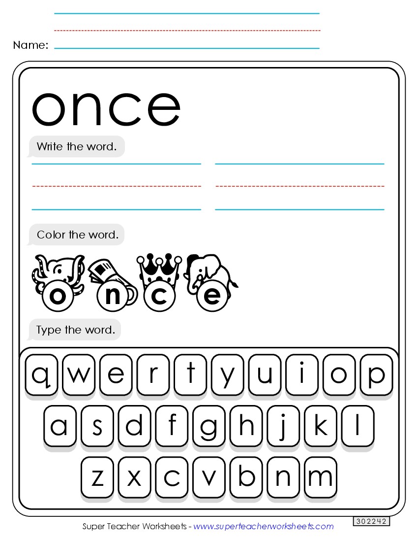 Write, Color, Type: Once Sight Words Individual Worksheet