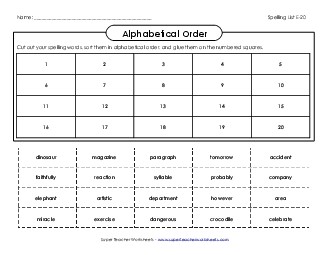 ABC Order: Cut-Glue (E-20) Spelling E Worksheet