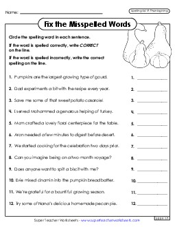 Correct or Incorrect? (Thanksgiving) Spelling F Worksheet