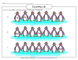 Penguins: Count by 4s Counting Worksheet