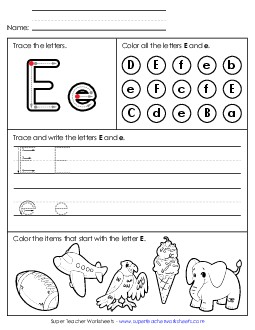 Tracing, Writing, and Recognizing Letter E Alphabet Worksheet