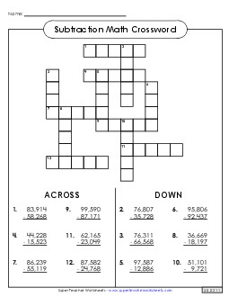 5-Digit Subtraction Crossword Worksheet