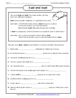 Dual and Duel  Commonly Confused Words Worksheet