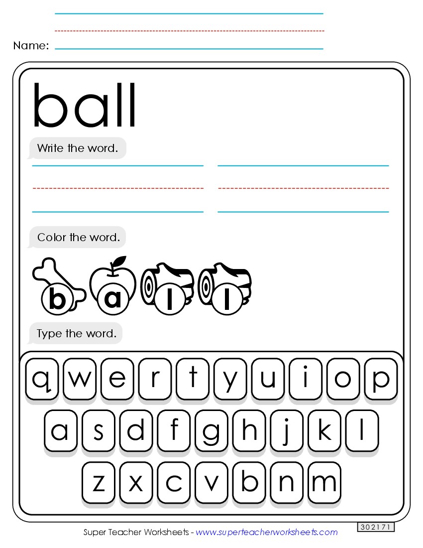 Write, Color, Type: Ball Sight Words Individual Worksheet