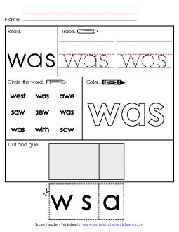 Worksheet 2: Was Sight Words Individual Worksheet