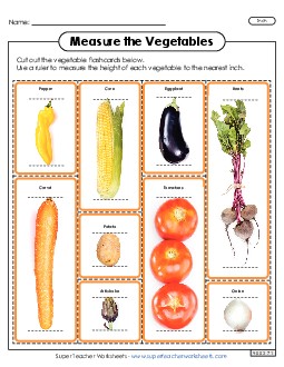 Flash Cards: Measure the Vegetables (Nearest Inch) Measurement Worksheet