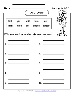 ABC Order: Write List (A-29) Spelling A Worksheet