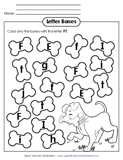 Letter F f Recognition - Dog Bones Alphabet Worksheet