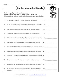 Fix the Misspelled Words (D-17) Spelling D Worksheet