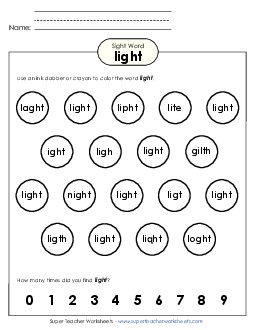 Dab or Color: Light Sight Words Individual Worksheet