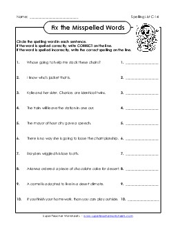 Fix the Misspelled Words (C-14)  Spelling C Worksheet