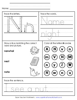 Letter N - Mixed Skills (Intermediate) Alphabet Worksheet