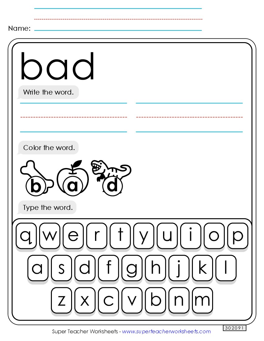 Write, Color, Type: Bad Sight Words Individual Worksheet