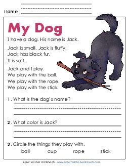 My Dog Kindergarten Reading Comprehension Reading Comp Kindergarten Worksheet