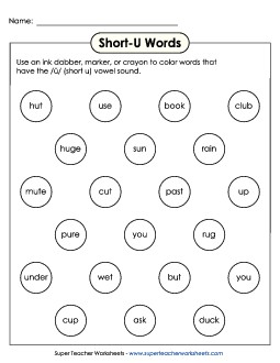 Dabber Activity (Short U Words) Phonics Long Short U Worksheet