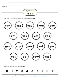 Dab or Color: Yes Sight Words Individual Worksheet