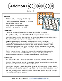 Addition Bingo Worksheet