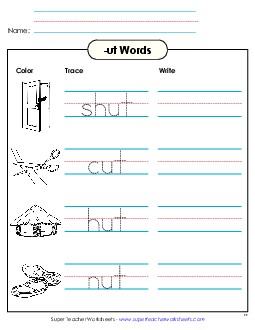 Trace and Write (-ut) Word Families Worksheet